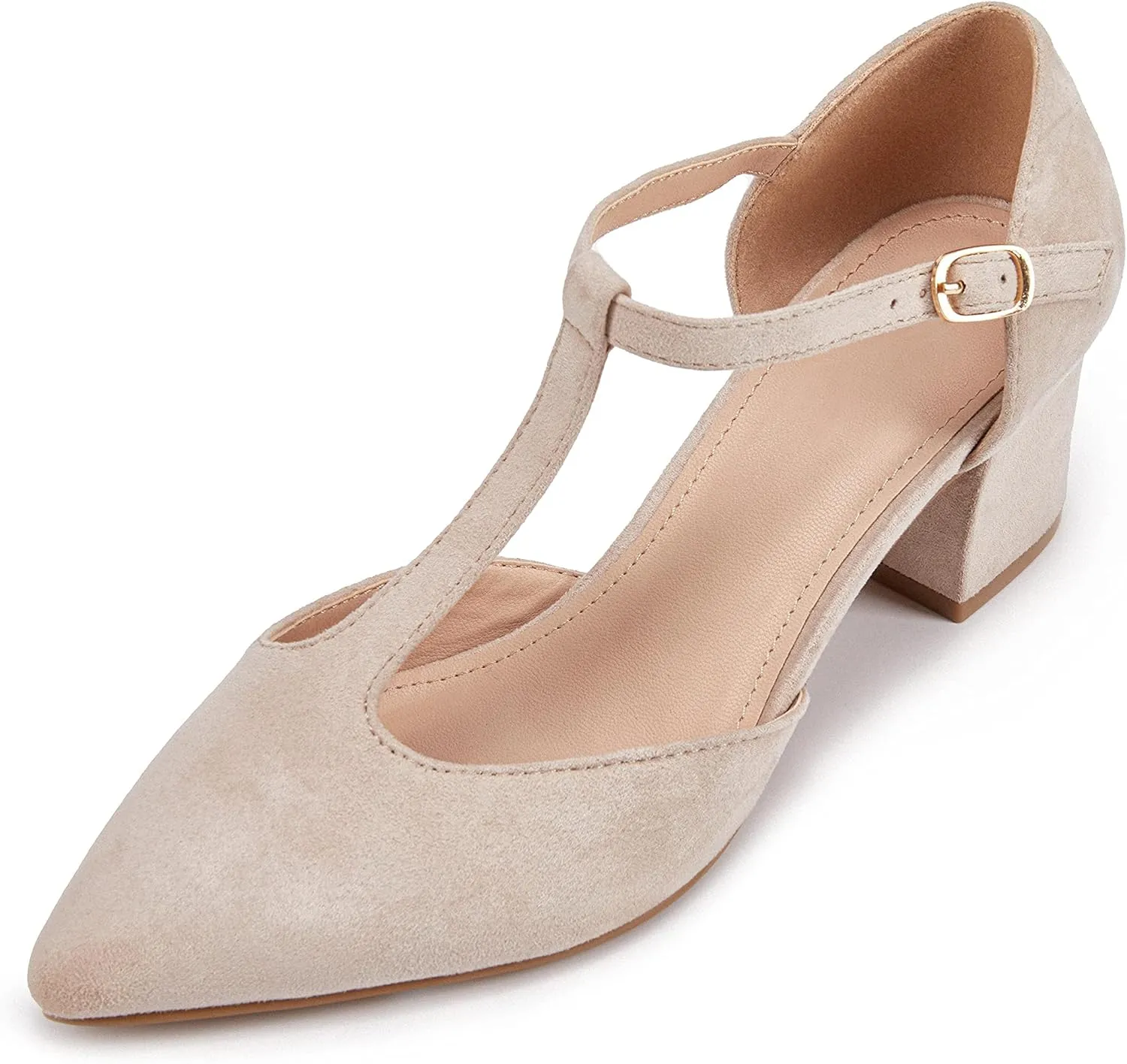 Huiyuzhi Women's T-Strap Pointed Toe Ankle Buckle Chunky Block Heel Pumps