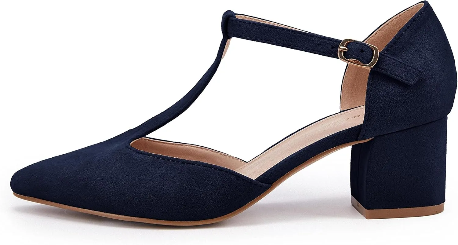 Huiyuzhi Women's T-Strap Pointed Toe Ankle Buckle Chunky Block Heel Pumps