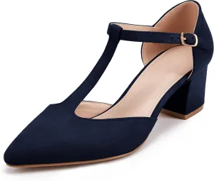 Huiyuzhi Women's T-Strap Pointed Toe Ankle Buckle Chunky Block Heel Pumps