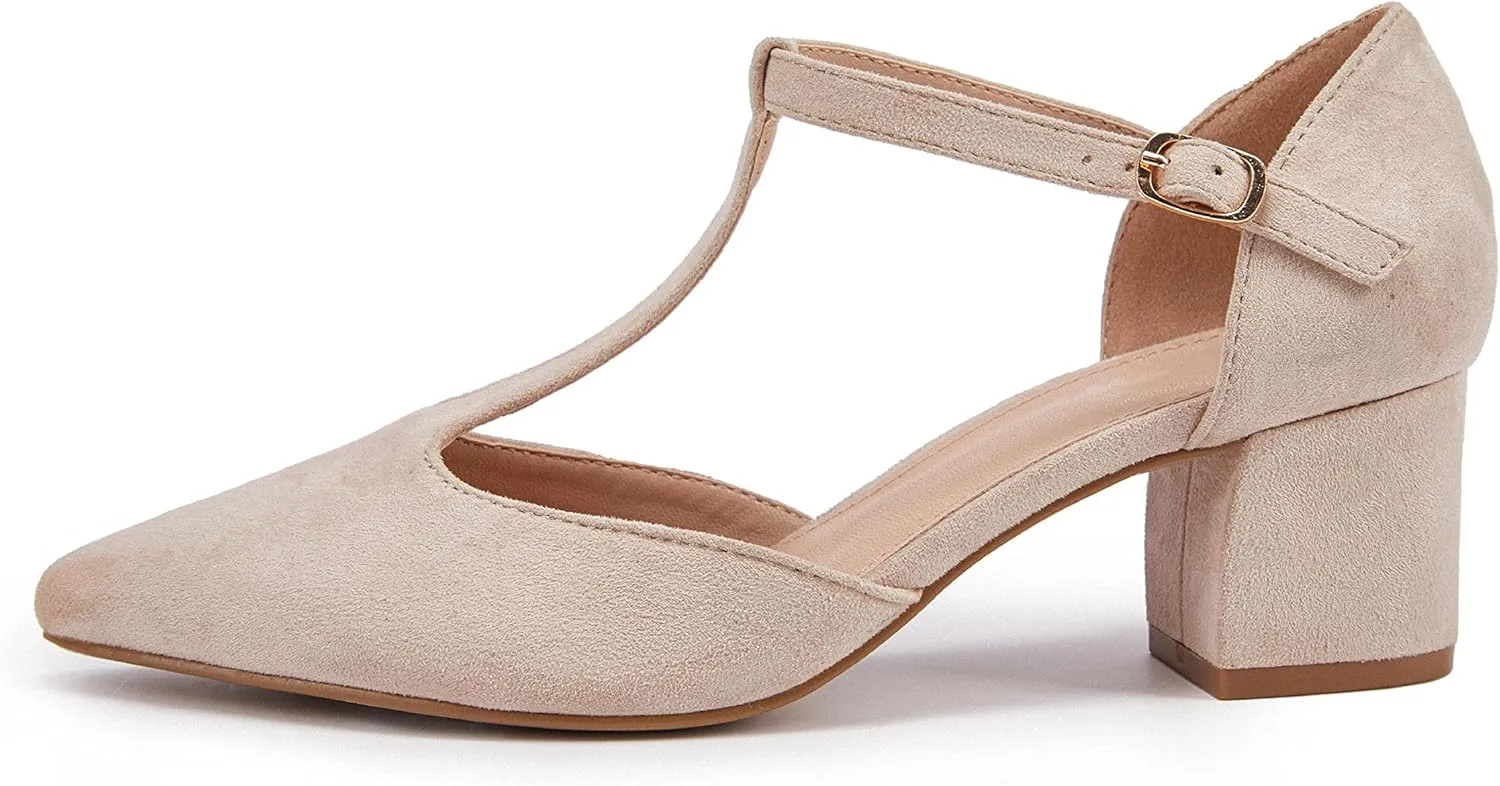 Huiyuzhi Women's T-Strap Pointed Toe Ankle Buckle Chunky Block Heel Pumps