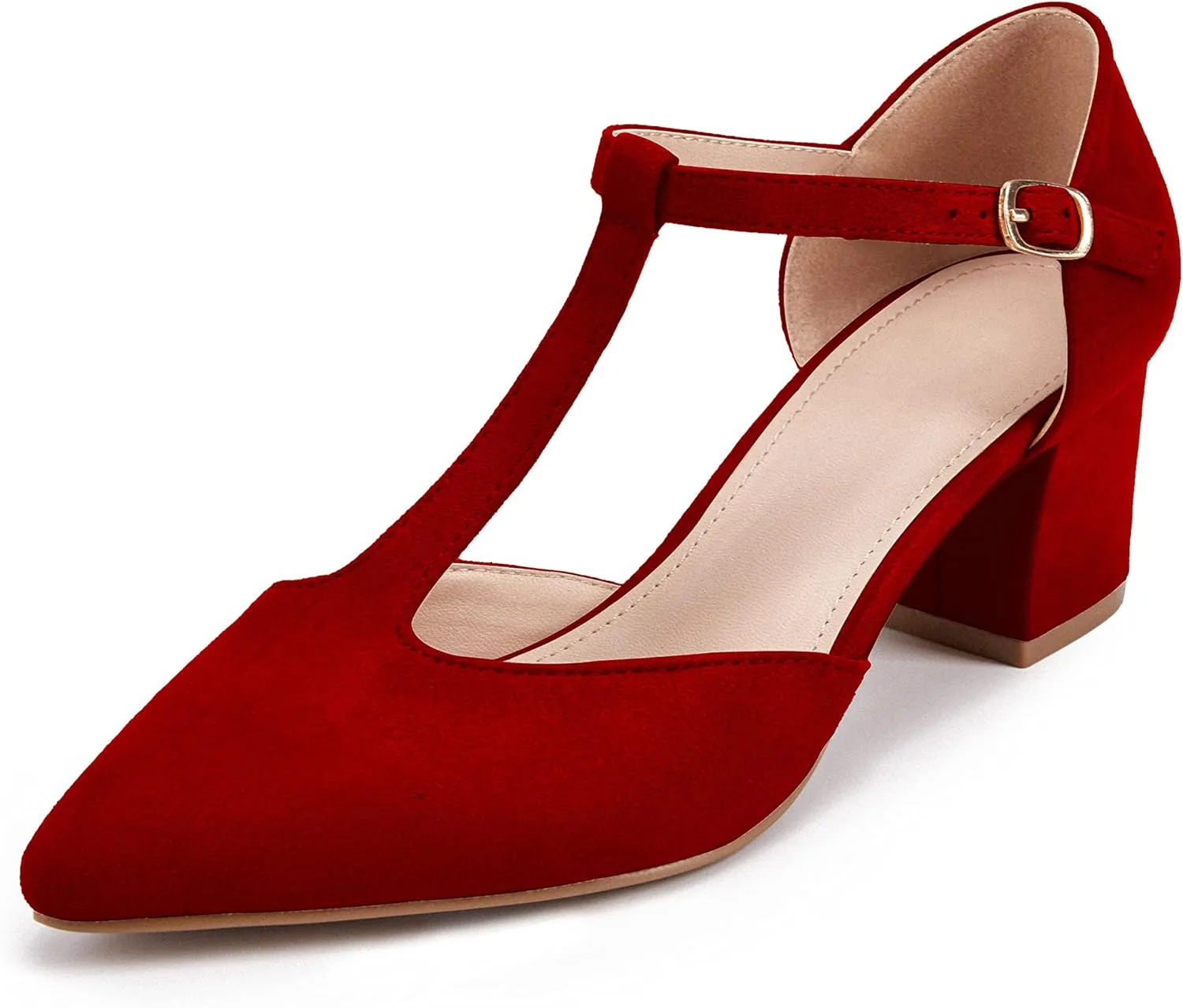 Huiyuzhi Women's T-Strap Pointed Toe Ankle Buckle Chunky Block Heel Pumps
