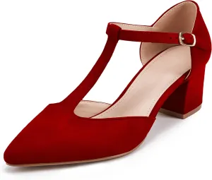 Huiyuzhi Women's T-Strap Pointed Toe Ankle Buckle Chunky Block Heel Pumps