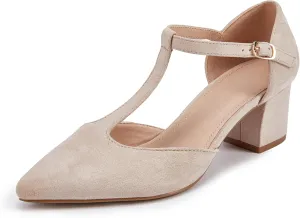 Huiyuzhi Women's T-Strap Pointed Toe Ankle Buckle Chunky Block Heel Pumps