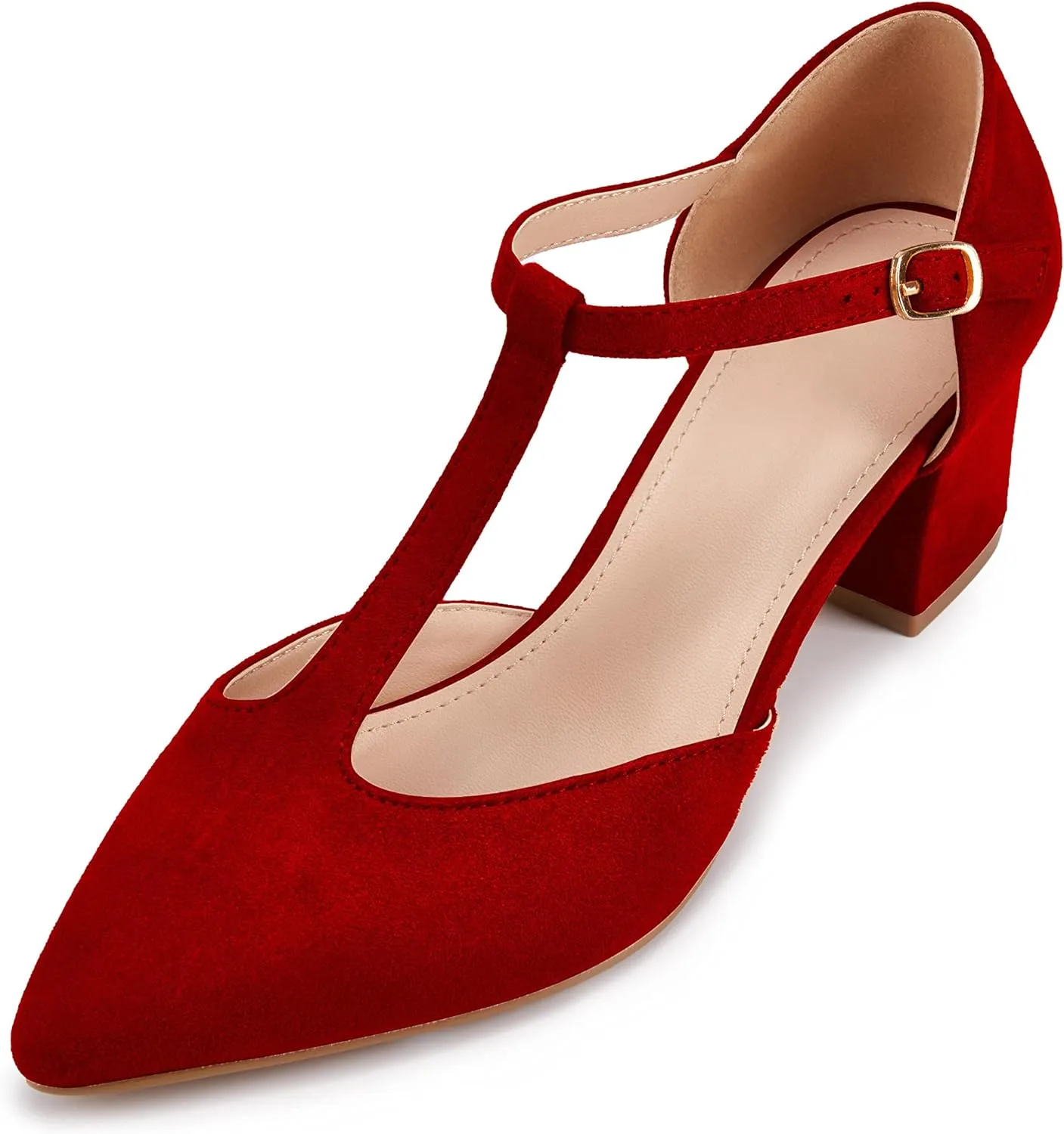 Huiyuzhi Women's T-Strap Pointed Toe Ankle Buckle Chunky Block Heel Pumps