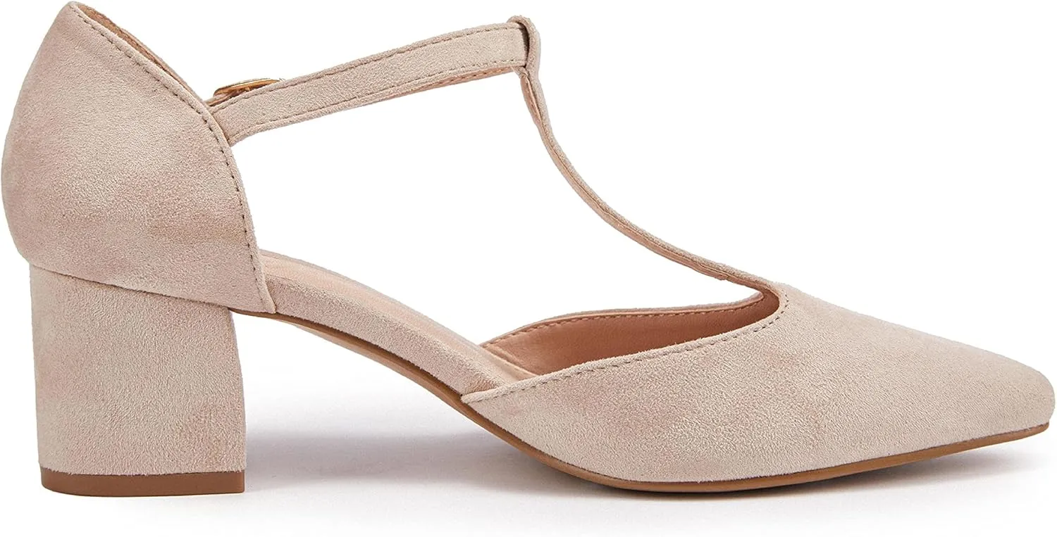 Huiyuzhi Women's T-Strap Pointed Toe Ankle Buckle Chunky Block Heel Pumps