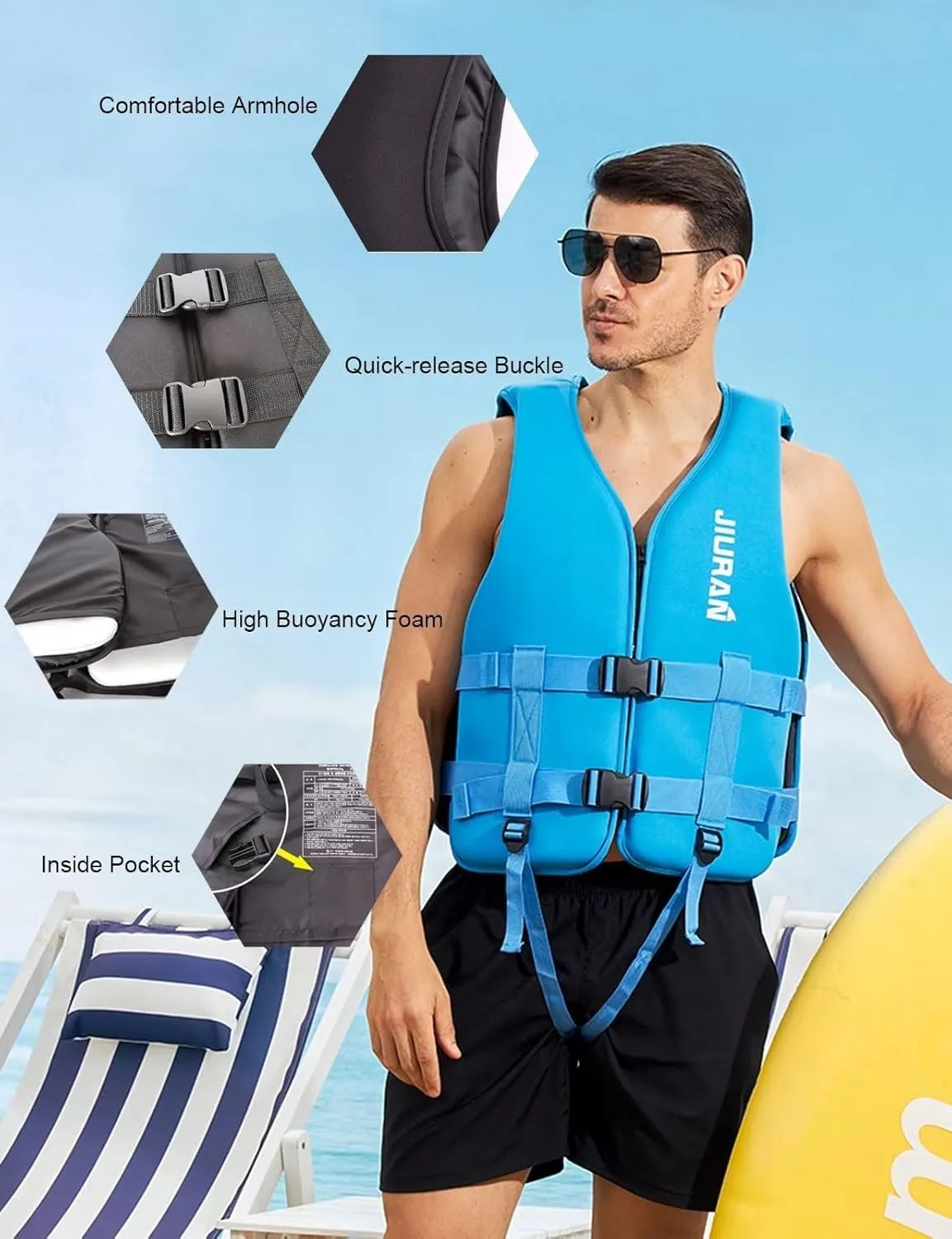 huraty Adjustable Floating Swim Vest, Unisex Boating Vest Front Zipper, Teenager Swim Jacket for Safety Outdoor Water Sports Buoyancy Vest