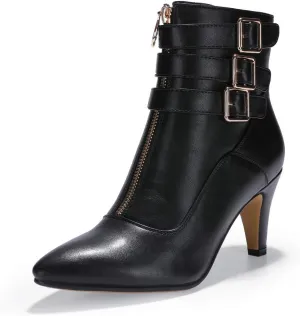 IDIFU Women's Buckle Strap Ankle Booties 3 Inch Pointed Toe Zipper Heels Dress Jeans Boots