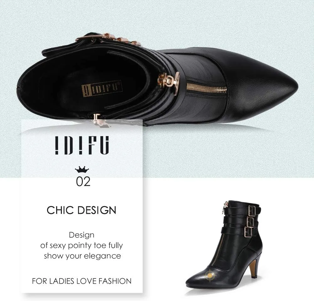 IDIFU Women's Buckle Strap Ankle Booties 3 Inch Pointed Toe Zipper Heels Dress Jeans Boots