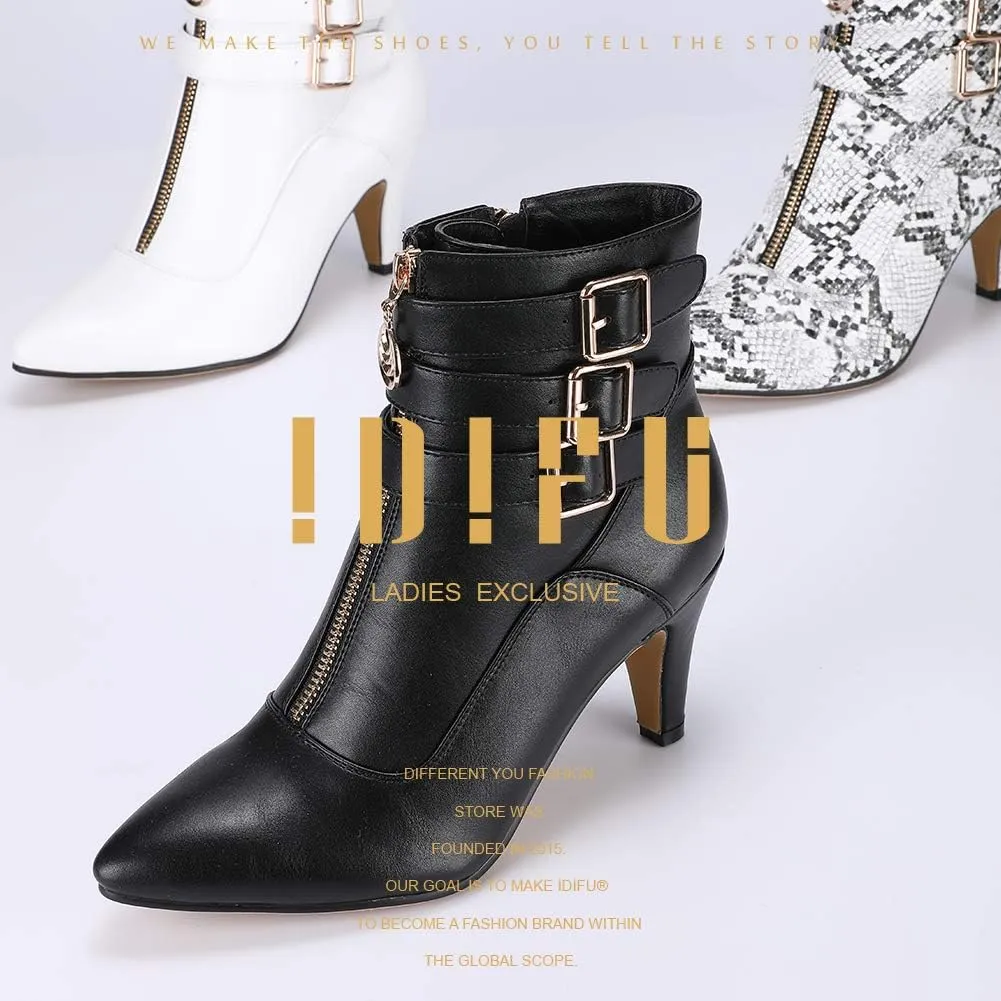 IDIFU Women's Buckle Strap Ankle Booties 3 Inch Pointed Toe Zipper Heels Dress Jeans Boots