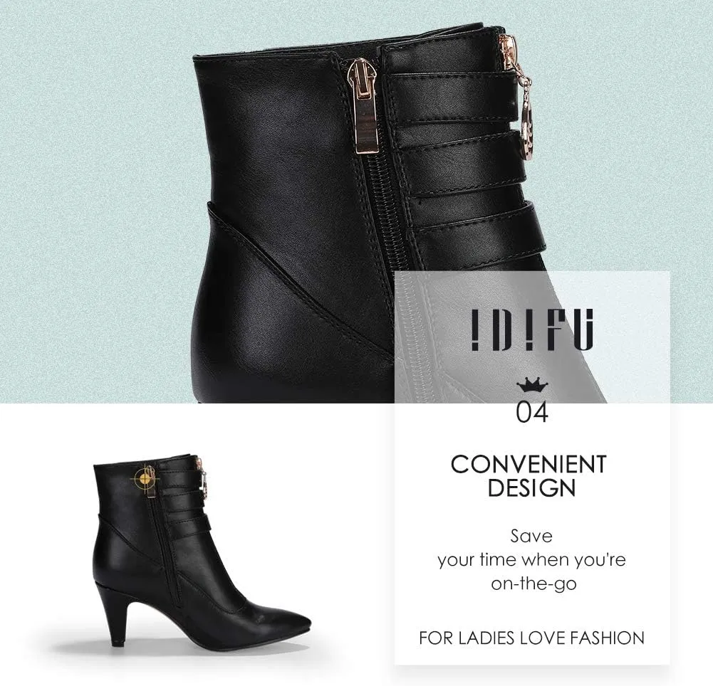IDIFU Women's Buckle Strap Ankle Booties 3 Inch Pointed Toe Zipper Heels Dress Jeans Boots
