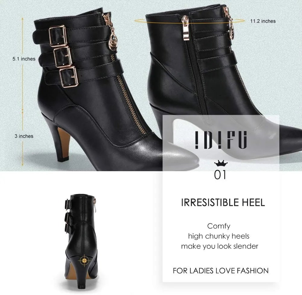 IDIFU Women's Buckle Strap Ankle Booties 3 Inch Pointed Toe Zipper Heels Dress Jeans Boots