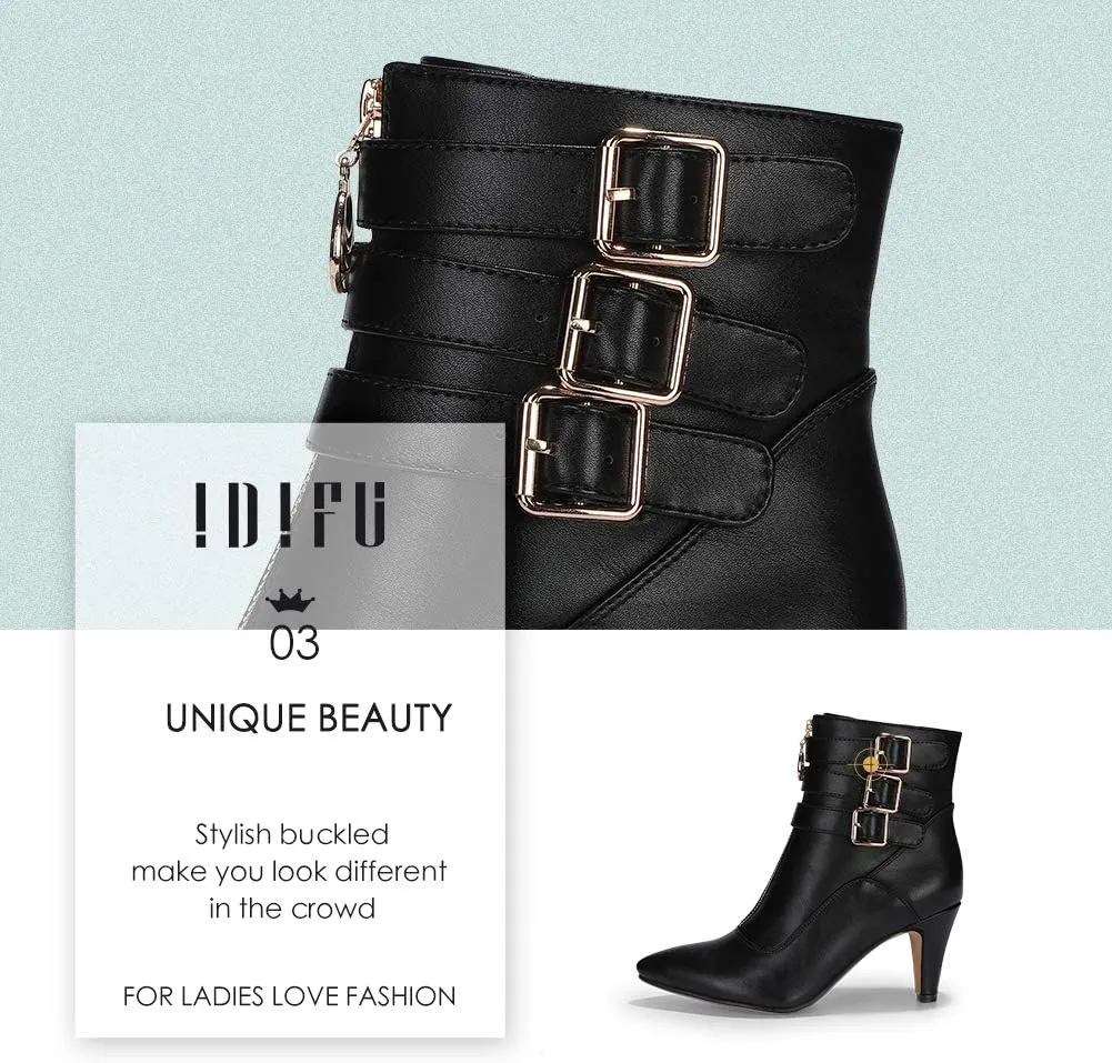 IDIFU Women's Buckle Strap Ankle Booties 3 Inch Pointed Toe Zipper Heels Dress Jeans Boots