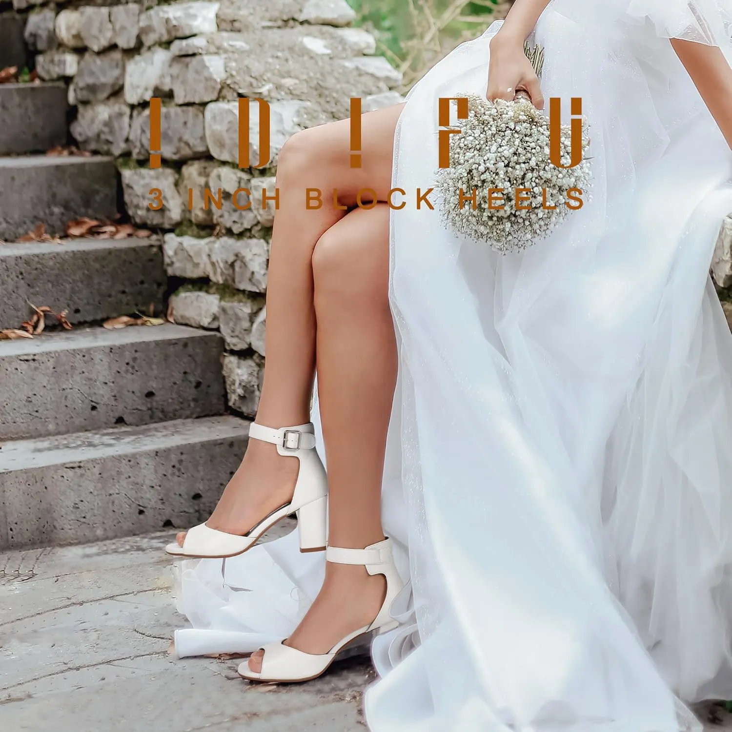 IDIFU Women's Candie-MI Peep Toe Low Block Heels Sandals Ankle Strap Comfy Chunky Wedding Dress Shoes