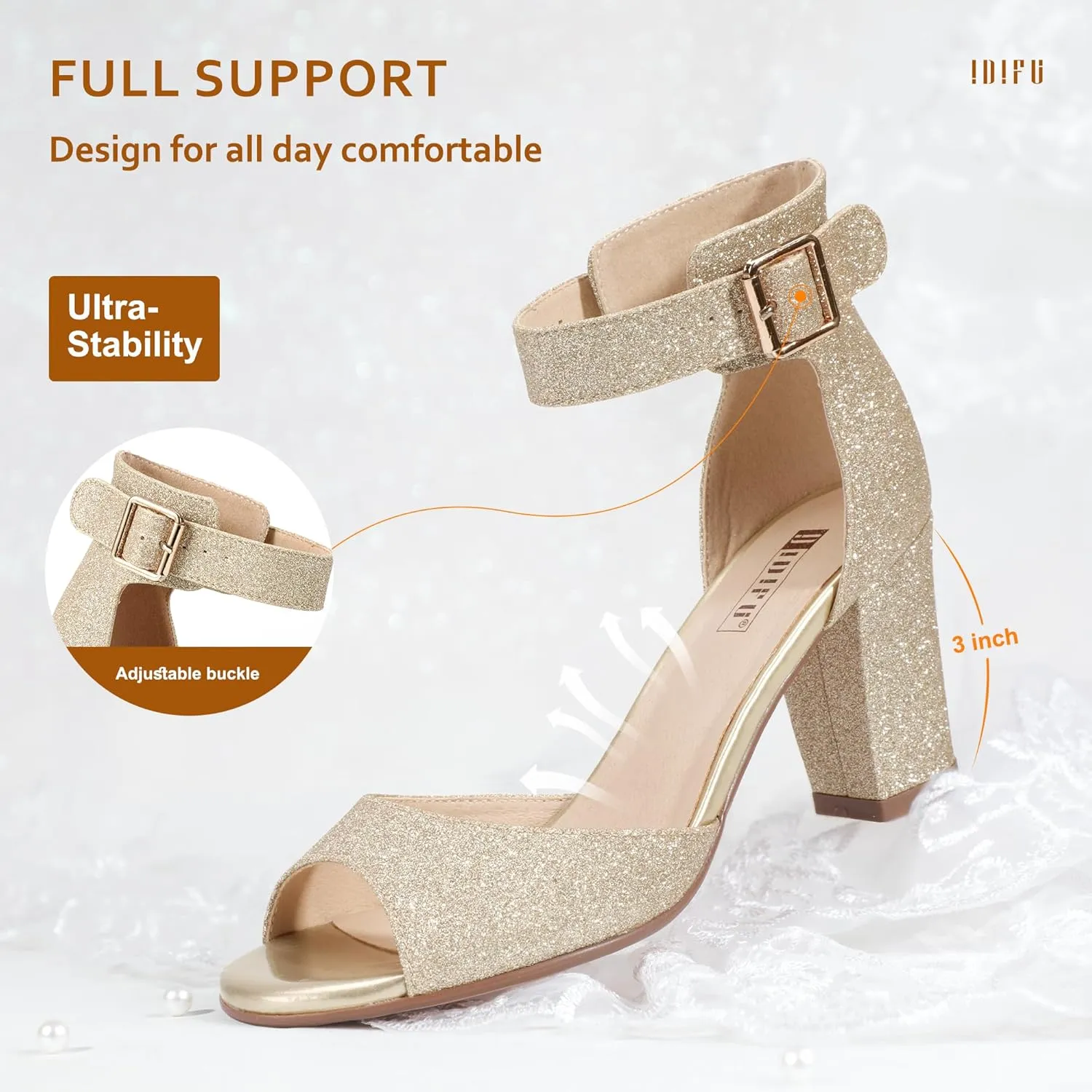 IDIFU Women's Candie-MI Peep Toe Low Block Heels Sandals Ankle Strap Comfy Chunky Wedding Dress Shoes