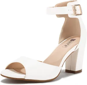 IDIFU Women's Candie-MI Peep Toe Low Block Heels Sandals Ankle Strap Comfy Chunky Wedding Dress Shoes