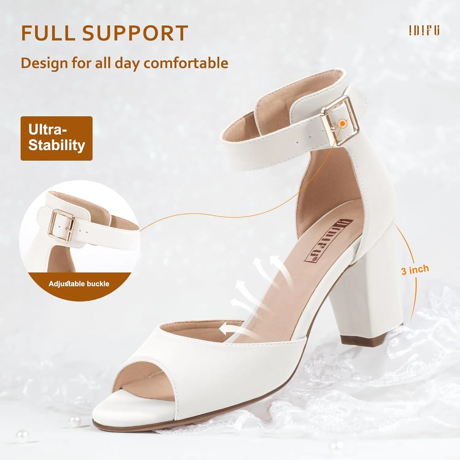 IDIFU Women's Candie-MI Peep Toe Low Block Heels Sandals Ankle Strap Comfy Chunky Wedding Dress Shoes