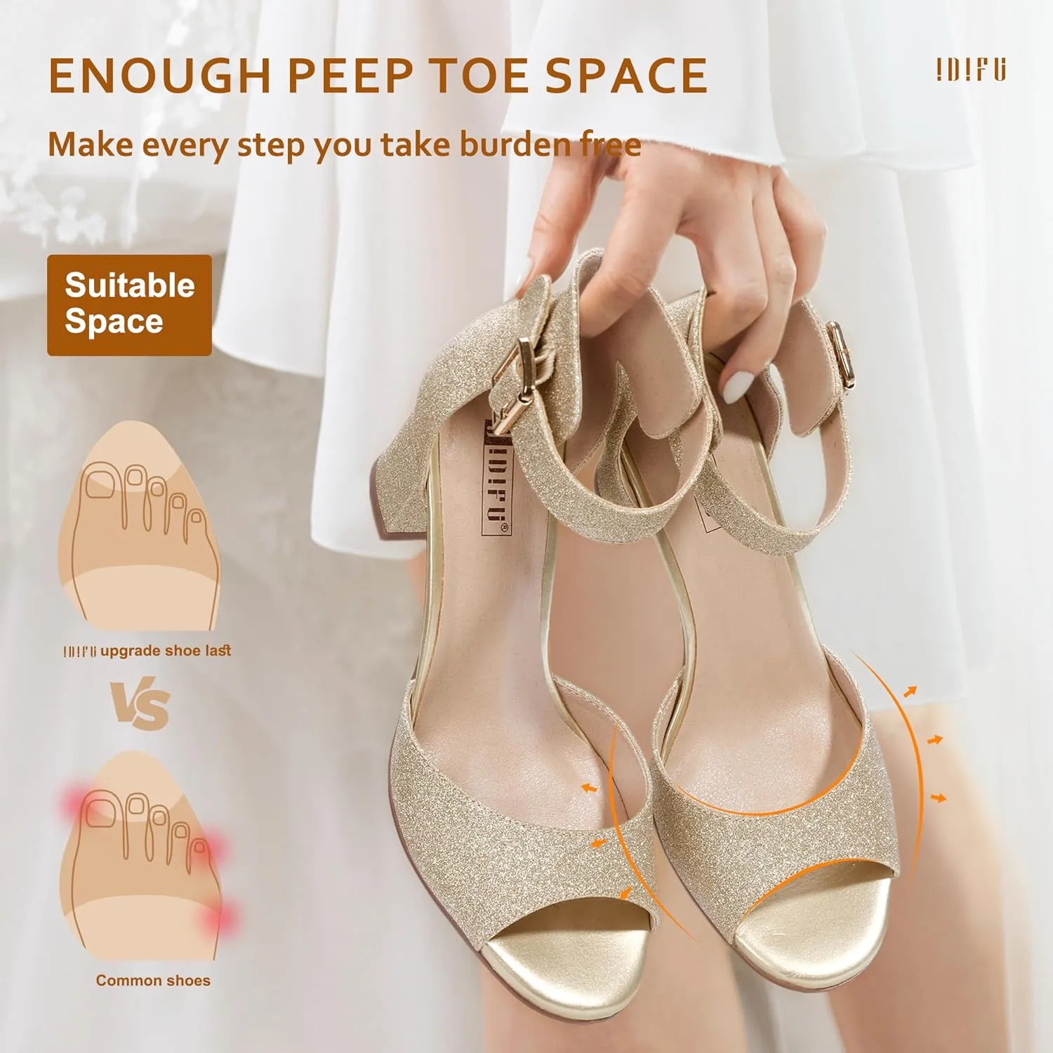 IDIFU Women's Candie-MI Peep Toe Low Block Heels Sandals Ankle Strap Comfy Chunky Wedding Dress Shoes