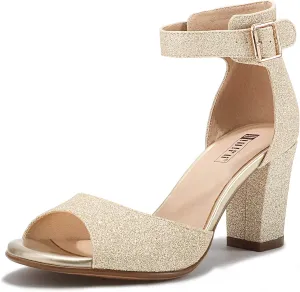 IDIFU Women's Candie-MI Peep Toe Low Block Heels Sandals Ankle Strap Comfy Chunky Wedding Dress Shoes