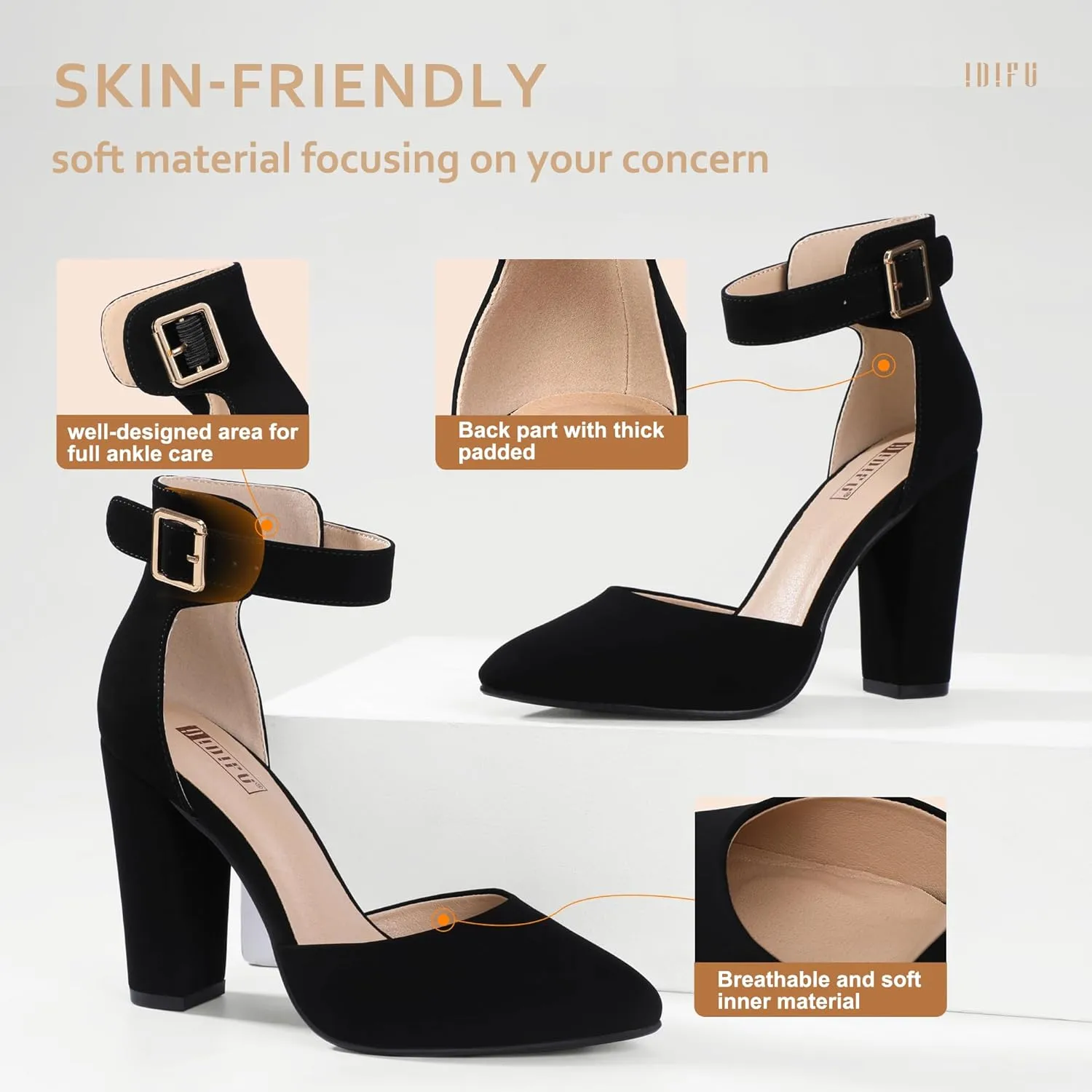 IDIFU Women's IN4 Pedazo High Block Heels Pumps Pointed Closed Toe Ankle Strap Dress Wedding Shoes