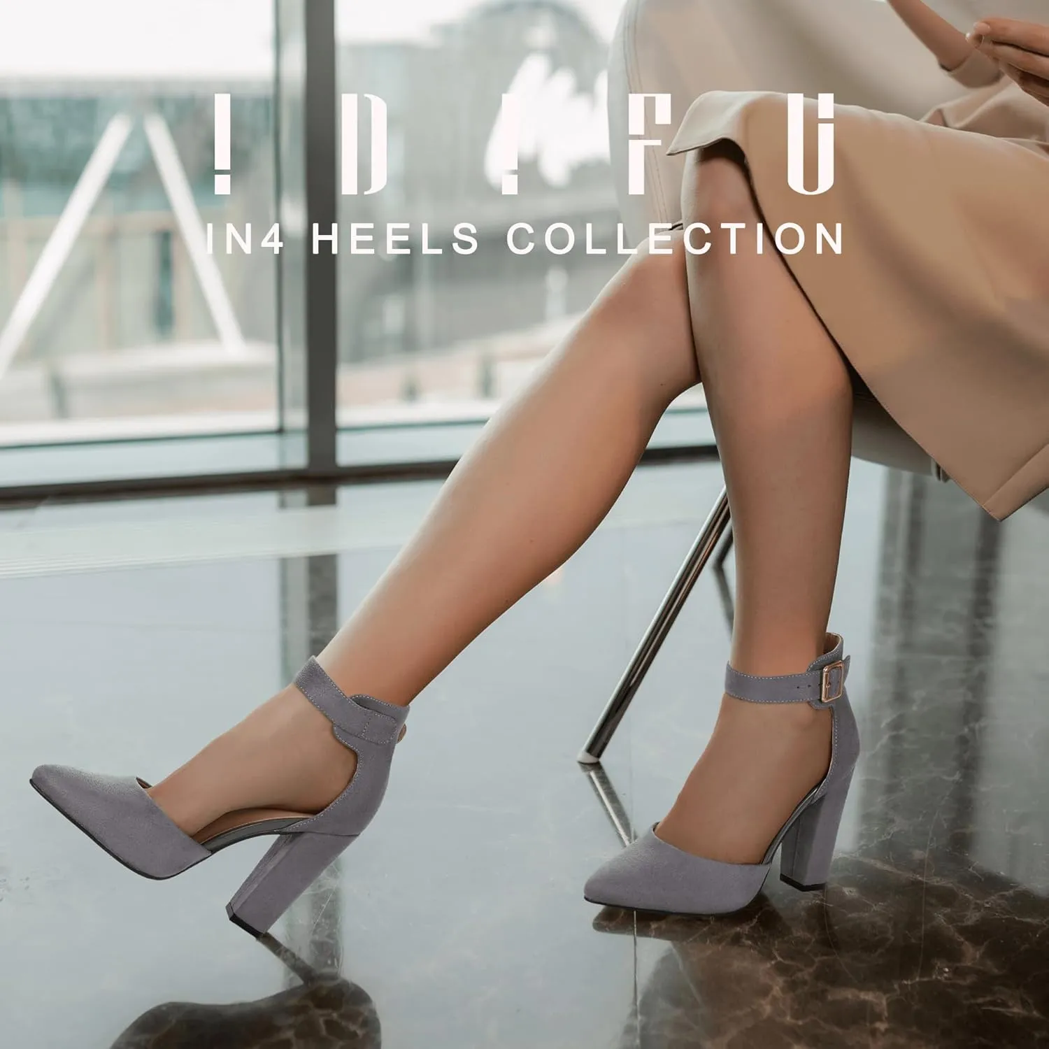 IDIFU Women's IN4 Pedazo High Block Heels Pumps Pointed Closed Toe Ankle Strap Dress Wedding Shoes
