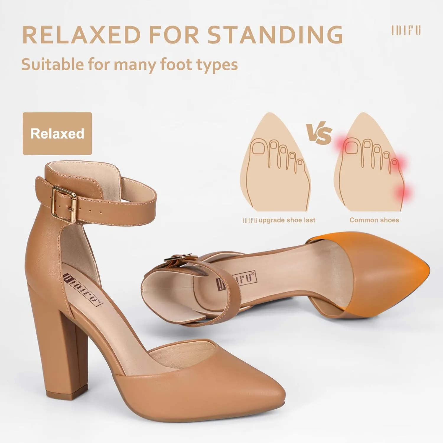 IDIFU Women's IN4 Pedazo High Block Heels Pumps Pointed Closed Toe Ankle Strap Dress Wedding Shoes