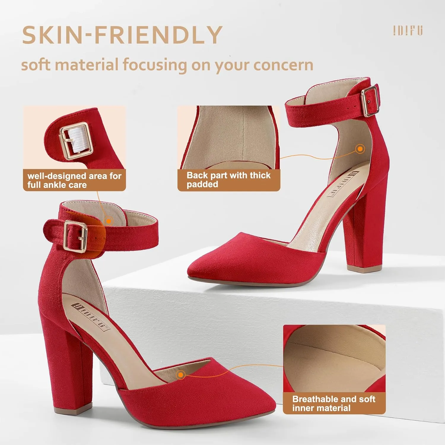 IDIFU Women's IN4 Pedazo High Block Heels Pumps Pointed Closed Toe Ankle Strap Dress Wedding Shoes