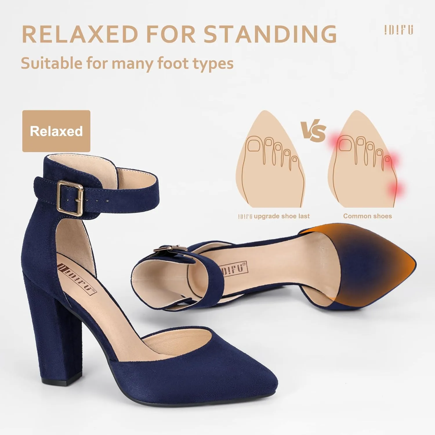 IDIFU Women's IN4 Pedazo High Block Heels Pumps Pointed Closed Toe Ankle Strap Dress Wedding Shoes