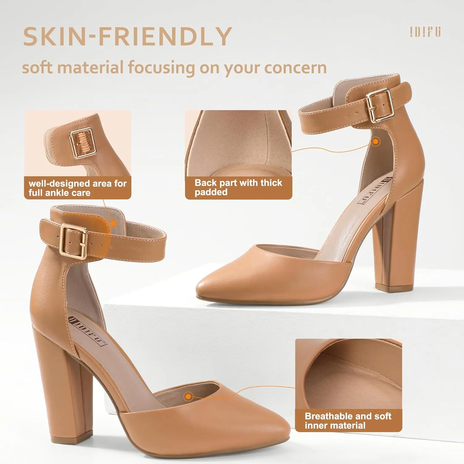 IDIFU Women's IN4 Pedazo High Block Heels Pumps Pointed Closed Toe Ankle Strap Dress Wedding Shoes