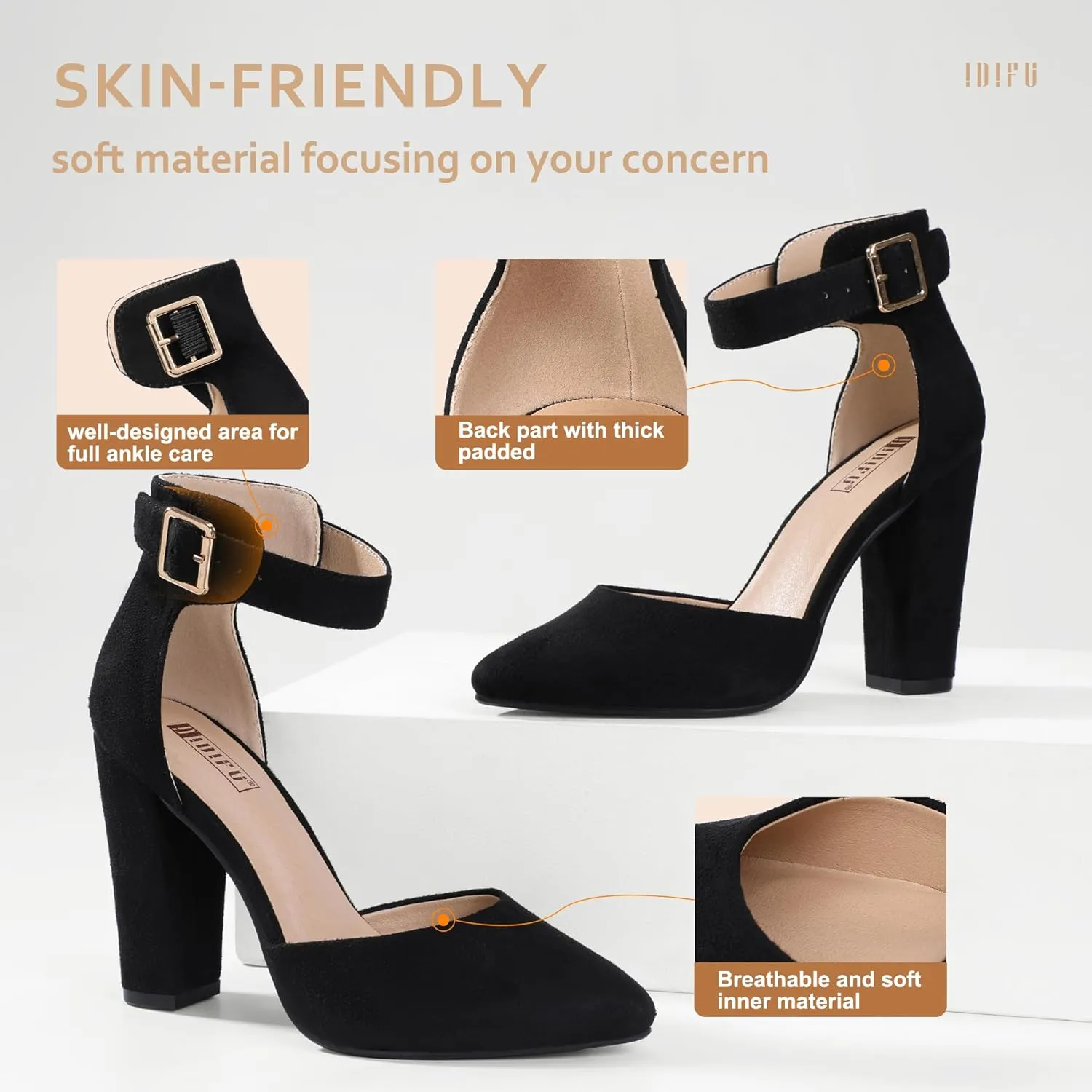 IDIFU Women's IN4 Pedazo High Block Heels Pumps Pointed Closed Toe Ankle Strap Dress Wedding Shoes