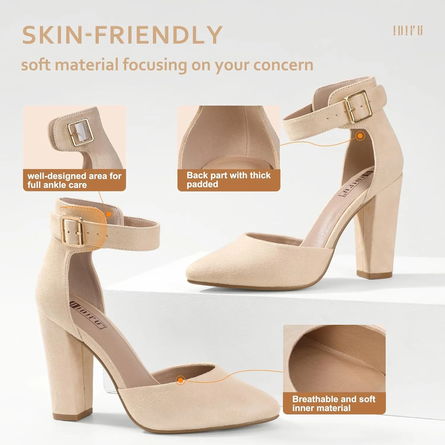 IDIFU Women's IN4 Pedazo High Block Heels Pumps Pointed Closed Toe Ankle Strap Dress Wedding Shoes