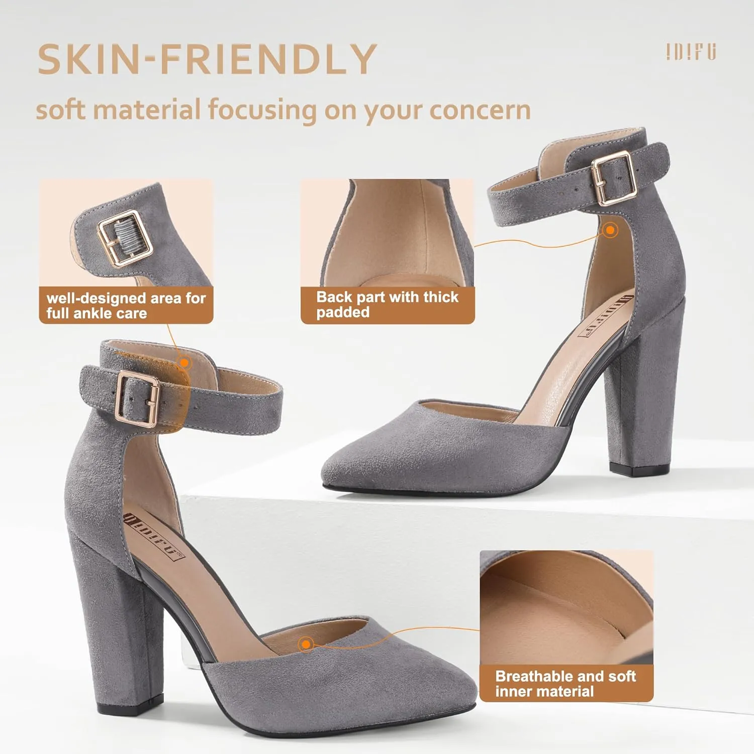 IDIFU Women's IN4 Pedazo High Block Heels Pumps Pointed Closed Toe Ankle Strap Dress Wedding Shoes