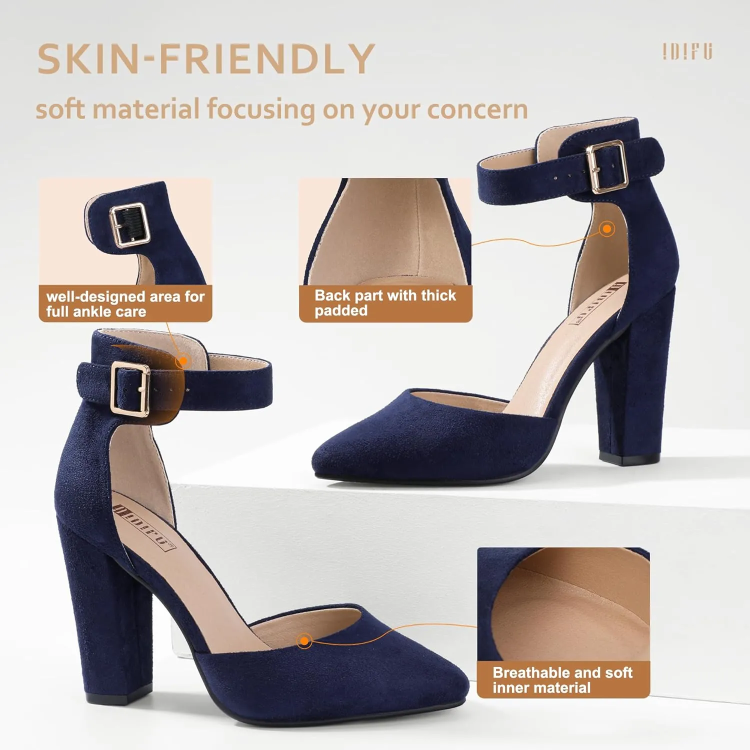IDIFU Women's IN4 Pedazo High Block Heels Pumps Pointed Closed Toe Ankle Strap Dress Wedding Shoes