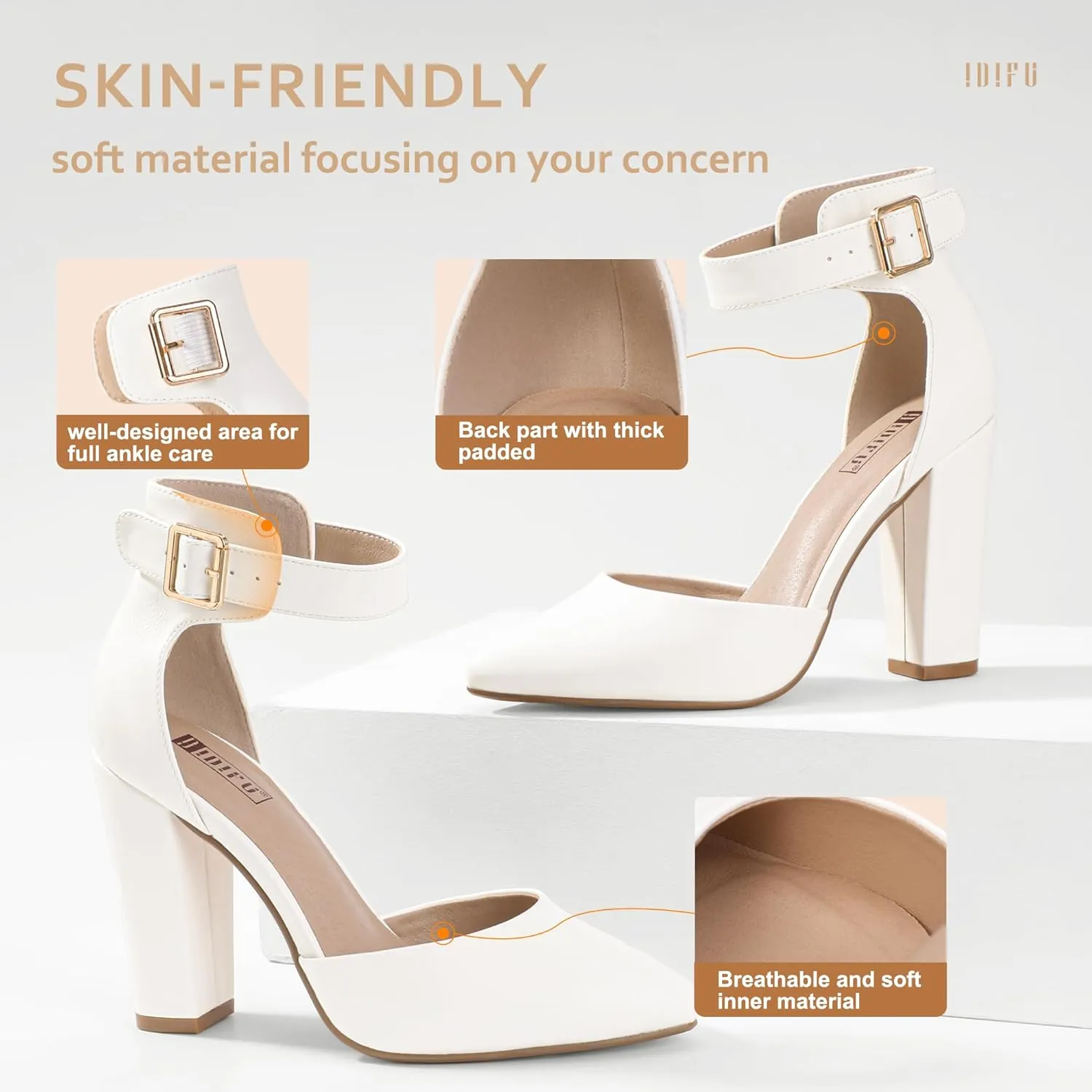 IDIFU Women's IN4 Pedazo High Block Heels Pumps Pointed Closed Toe Ankle Strap Dress Wedding Shoes