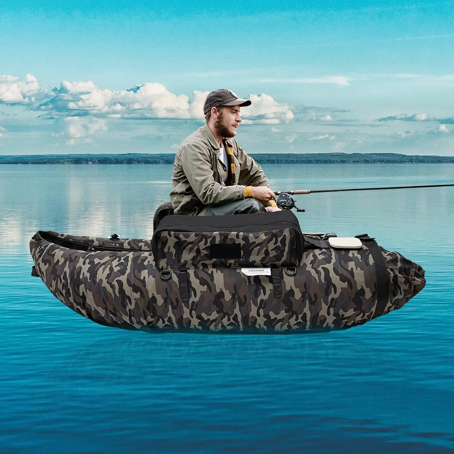Inflatable Fishing Float Tube, U Shape Float Tubes with Adjustable Backpack Straps, Storage Pockets, 20 in Fish Ruler, Pump, Paddle, Portable Fishing Belly Boat, 286 LBS Load Capacity
