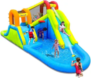 Inflatable Water Slide with Air Blower, Water Park for Kids Backyard, Blow Up Water Slide with 2 Slide, 2 Climbing Wall, Basketball Hoop, Water Cannon and Splash Pool
