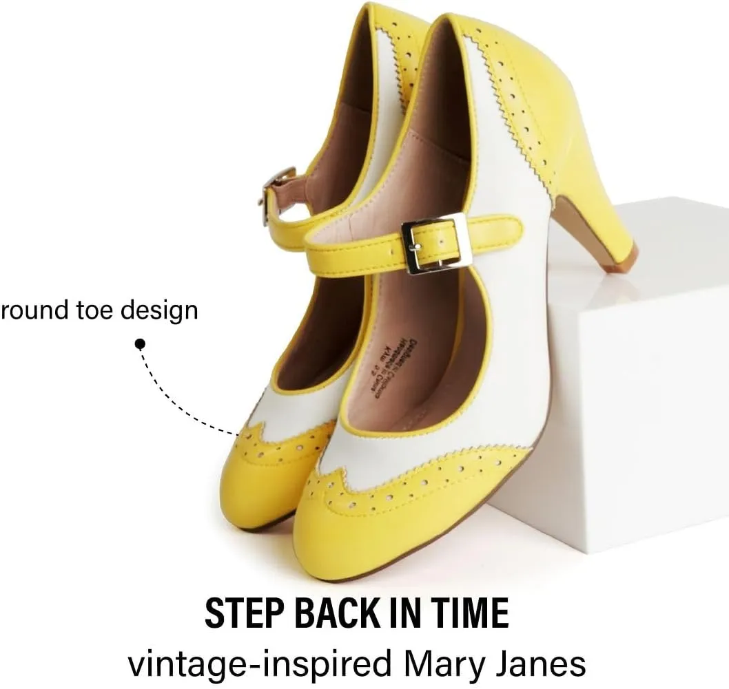 J. Adams Mary Jane Oxford Pumps - Cute Low Kitten Heels - Retro Round Toe Shoe with Ankle Strap - Kym