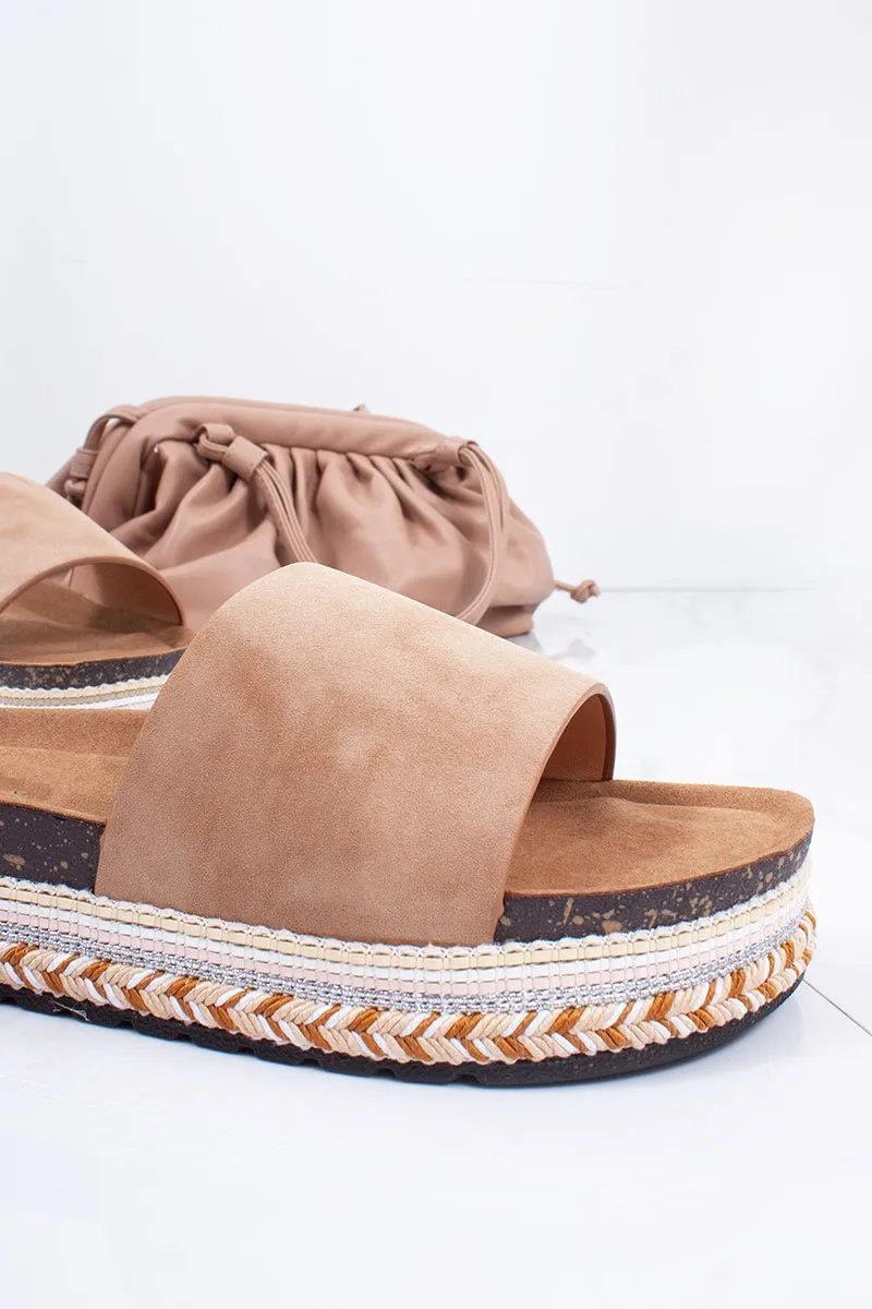 Jaimie Tan Faux Suede Aztec Mule Flatform Sandals