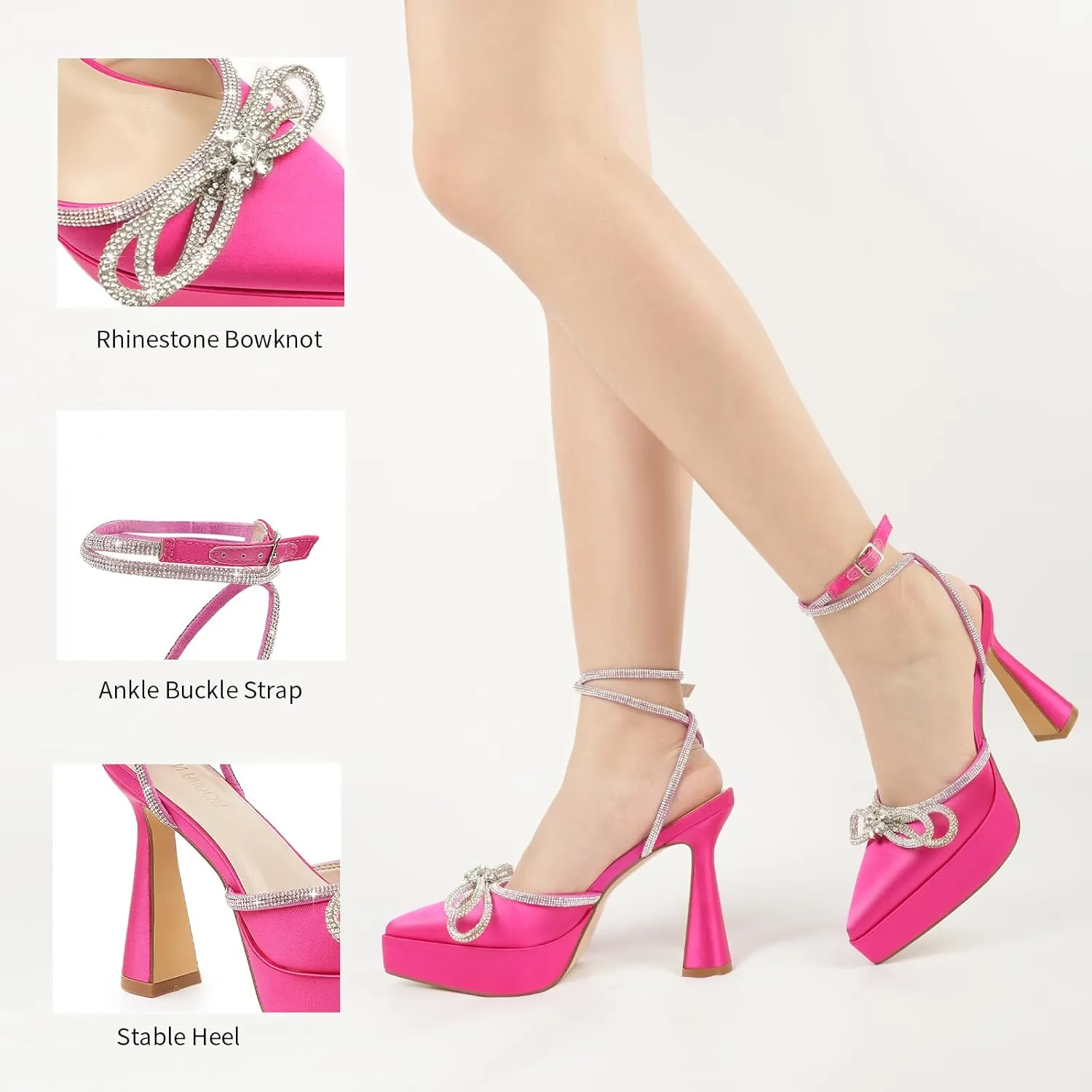 JENN ARDOR Women's Platform Heels Ankle Strap Pumps High Heeled Pointed Toe Stiletto High Heel Sandals Rhinestones Bow Knot Party Prom Dress Pumps Shoes for Women