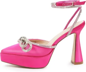 JENN ARDOR Women's Platform Heels Ankle Strap Pumps High Heeled Pointed Toe Stiletto High Heel Sandals Rhinestones Bow Knot Party Prom Dress Pumps Shoes for Women