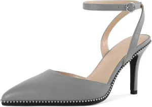 Joseywade Slingback Pumps for Women Stiletto High Heels Closed Pointed Toe Heel Ankle Strap Sliver Beaded Dress Shoes