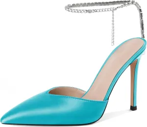 Joseywade Women's High Heels Pointed Toe Stiletto Heel Pumps Rhinestone Ankle Strap 4 Inch Slim Thin Heel Dress Shoes
