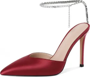 Joseywade Women's High Heels Pointed Toe Stiletto Heel Pumps Rhinestone Ankle Strap 4 Inch Slim Thin Heel Dress Shoes