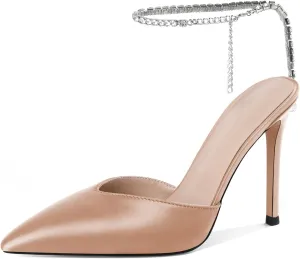 Joseywade Women's High Heels Pointed Toe Stiletto Heel Pumps Rhinestone Ankle Strap 4 Inch Slim Thin Heel Dress Shoes