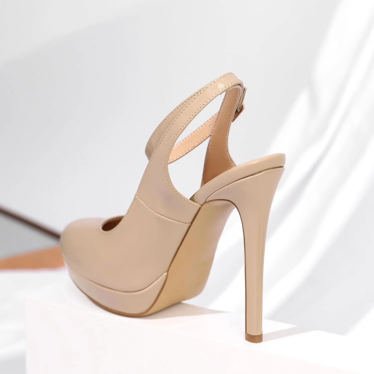 Joseywade Women's Platform Heels Slingback Round Toe Slim Thin Stilettos High Heel Pumps Ankle Strap Comfort Wedding Dress Shoes 5 Inch
