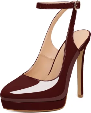 Joseywade Women's Platform Heels Slingback Round Toe Slim Thin Stilettos High Heel Pumps Ankle Strap Comfort Wedding Dress Shoes 5 Inch
