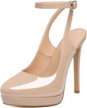 Joseywade Women's Platform Heels Slingback Round Toe Slim Thin Stilettos High Heel Pumps Ankle Strap Comfort Wedding Dress Shoes 5 Inch