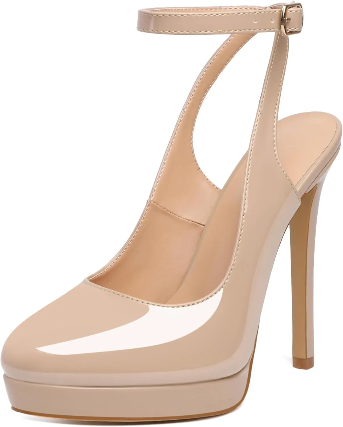 Joseywade Women's Platform Heels Slingback Round Toe Slim Thin Stilettos High Heel Pumps Ankle Strap Comfort Wedding Dress Shoes 5 Inch