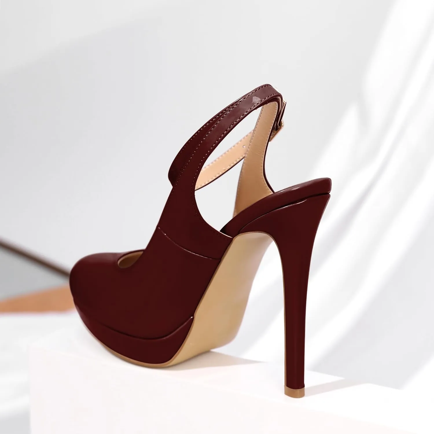 Joseywade Women's Platform Heels Slingback Round Toe Slim Thin Stilettos High Heel Pumps Ankle Strap Comfort Wedding Dress Shoes 5 Inch