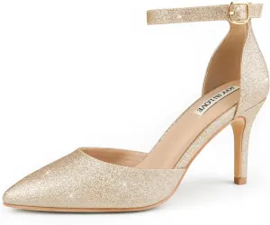 JOY IN LOVE Closed Toe Heels Pumps for Women 3IN Stiletto Pointed Toe Ankle Strap Heels