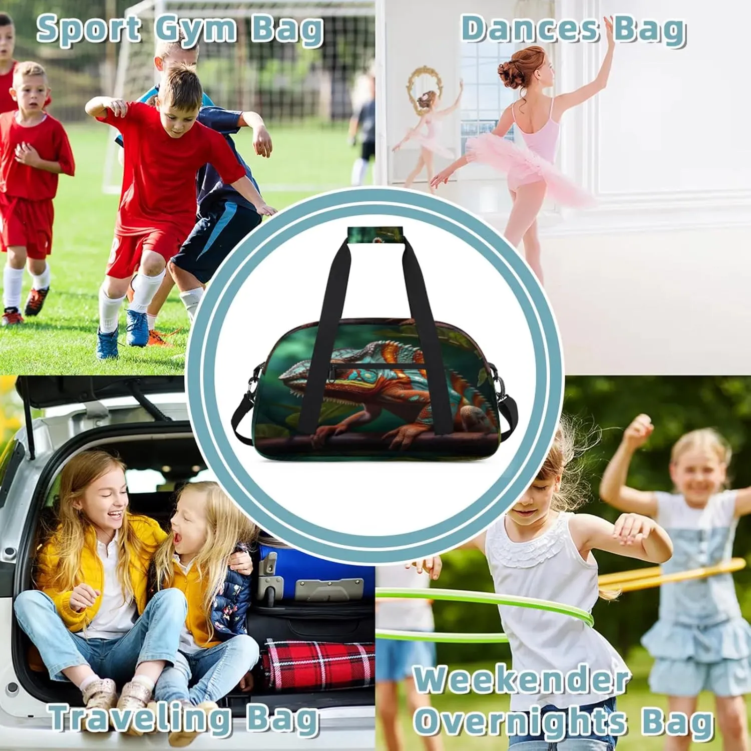 Jungle Lizard Small Gym Bag 18 inch Carry On Duffel Bag for Weekender Travel Sports Workout Yoga Gymnastics Dance Ballet